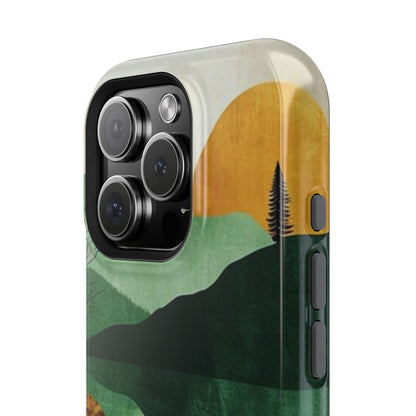 Retro Mountain Sunrise MagSafe iPhone Case – Minimalist Landscape Design, Dual-Layer Protection