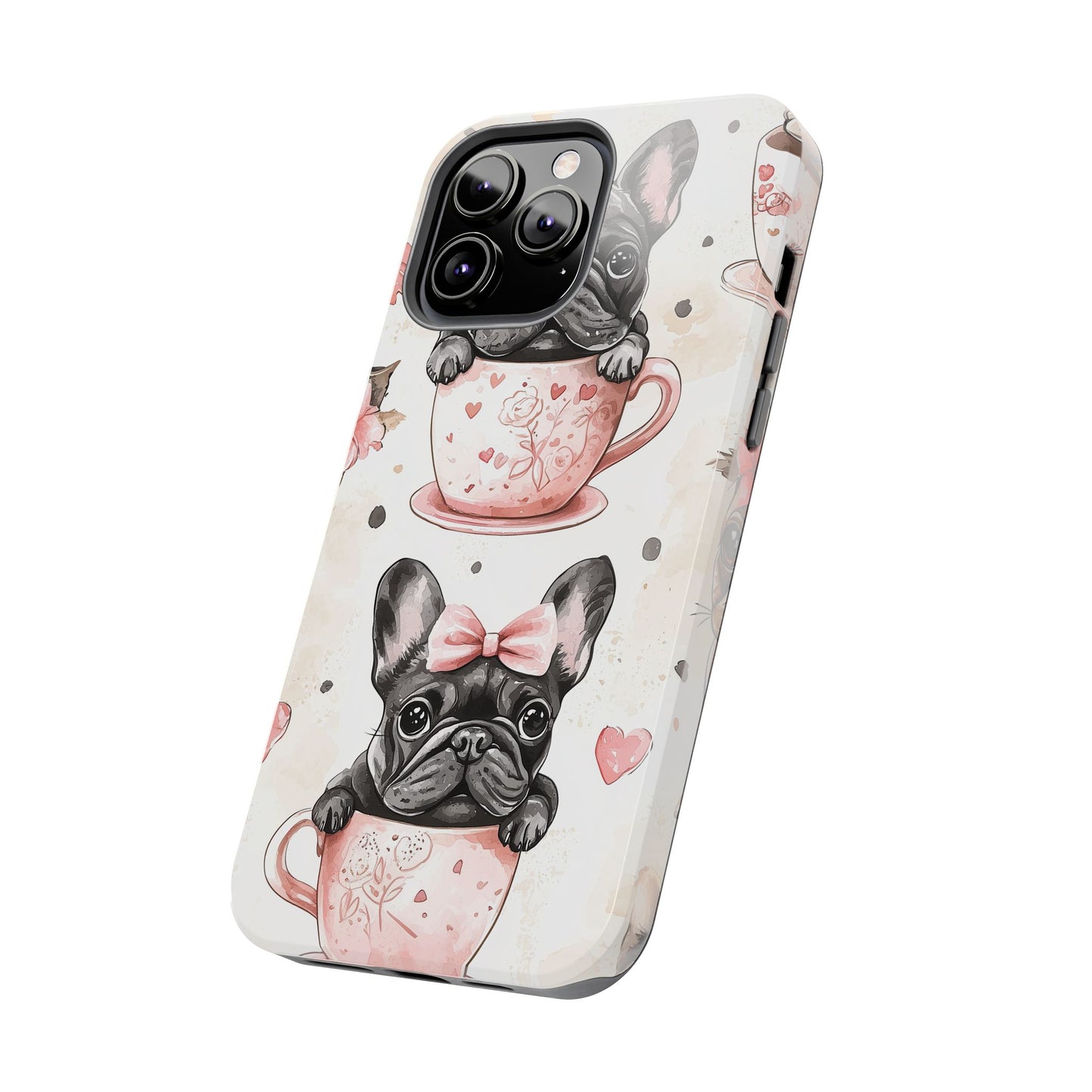 French Bulldogs in Teacups iPhone Case – Cute Dog Design with Hearts & Bows, Shockproof & Slim - BOGO Cases