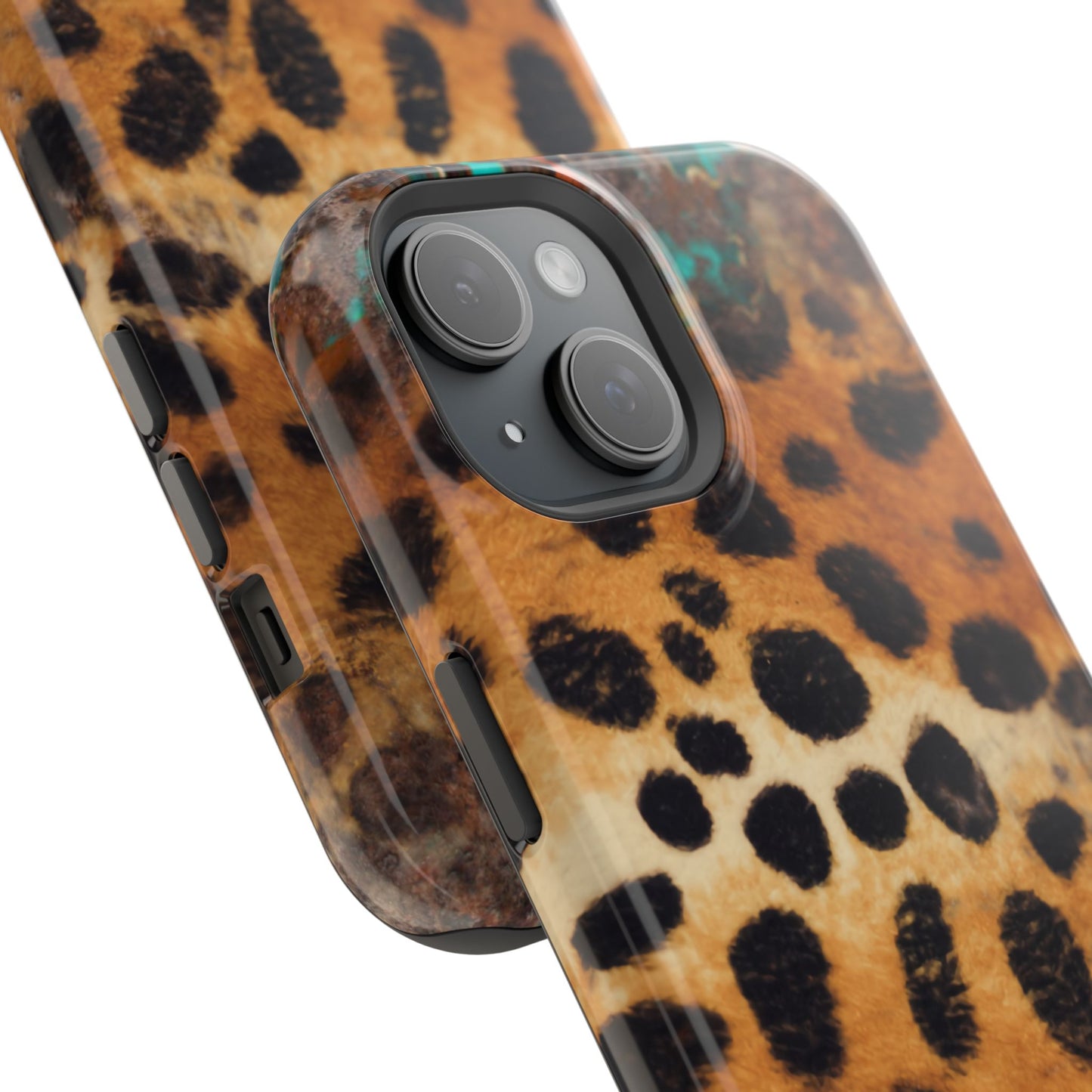 Rustic Leopard Print Tough MagSafe iPhone Case – Distressed Turquoise and Animal Pattern with Dual-Layer Protection