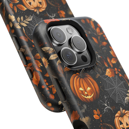 Elegant Halloween MagSafe iPhone Case – Pumpkin Jack-o'-Lanterns, Cobwebs & Autumn Foliage Design