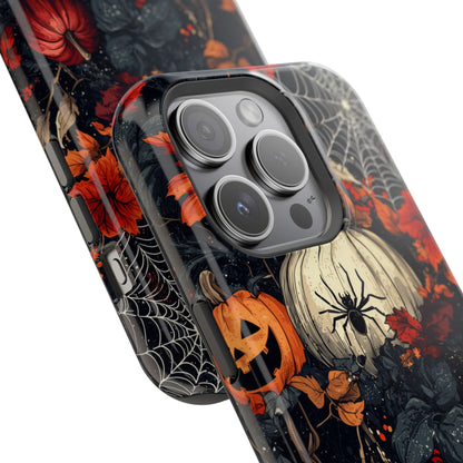 Hauntingly Elegant Halloween MagSafe iPhone Case – Pumpkins, Spiders, and Autumn Leaves Design