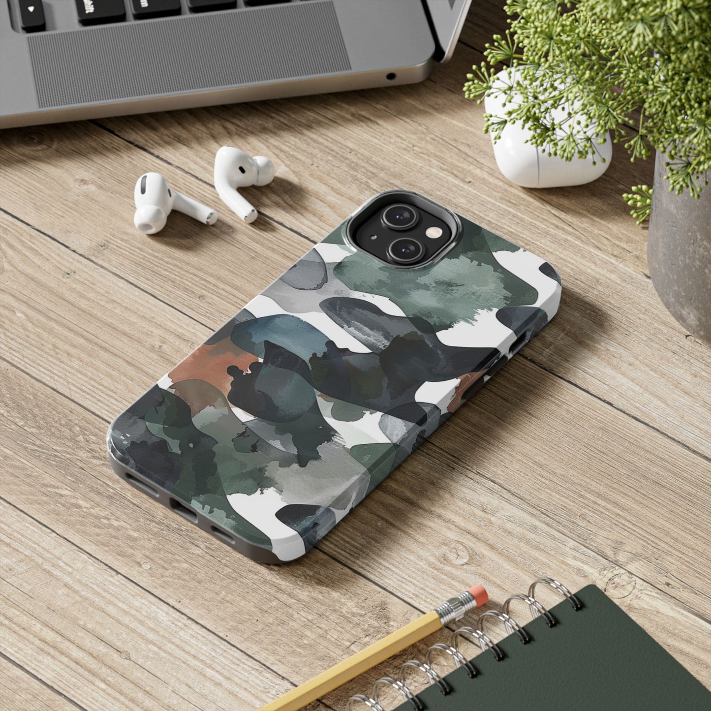 Moody Abstract Watercolor iPhone Case – Earthy Green and Charcoal Design