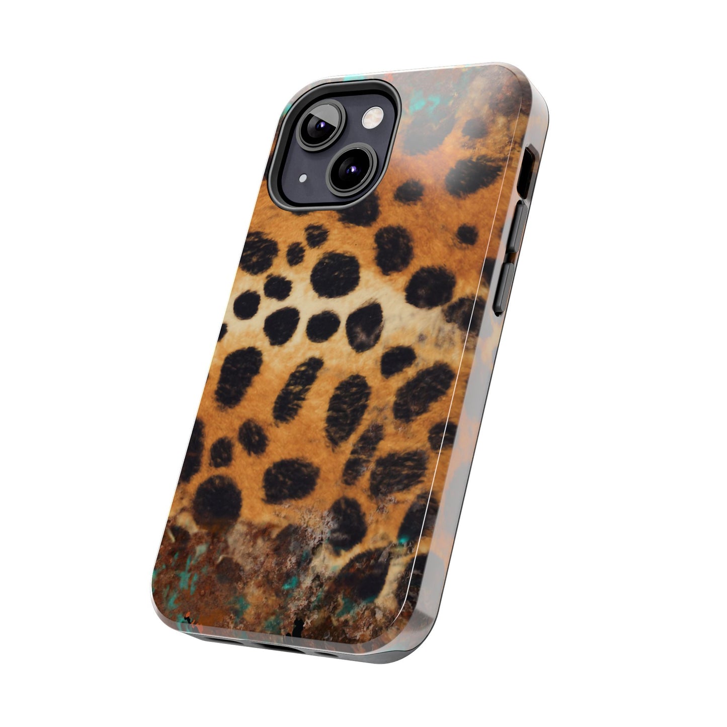 Rustic Leopard Print Tough iPhone Case – Distressed Turquoise and Animal Pattern with Dual-Layer Protection