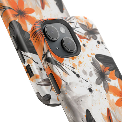 Orange Blossom & Black Butterfly MagSafe iPhone Case – Bold Floral Pattern with Modern Abstract Style