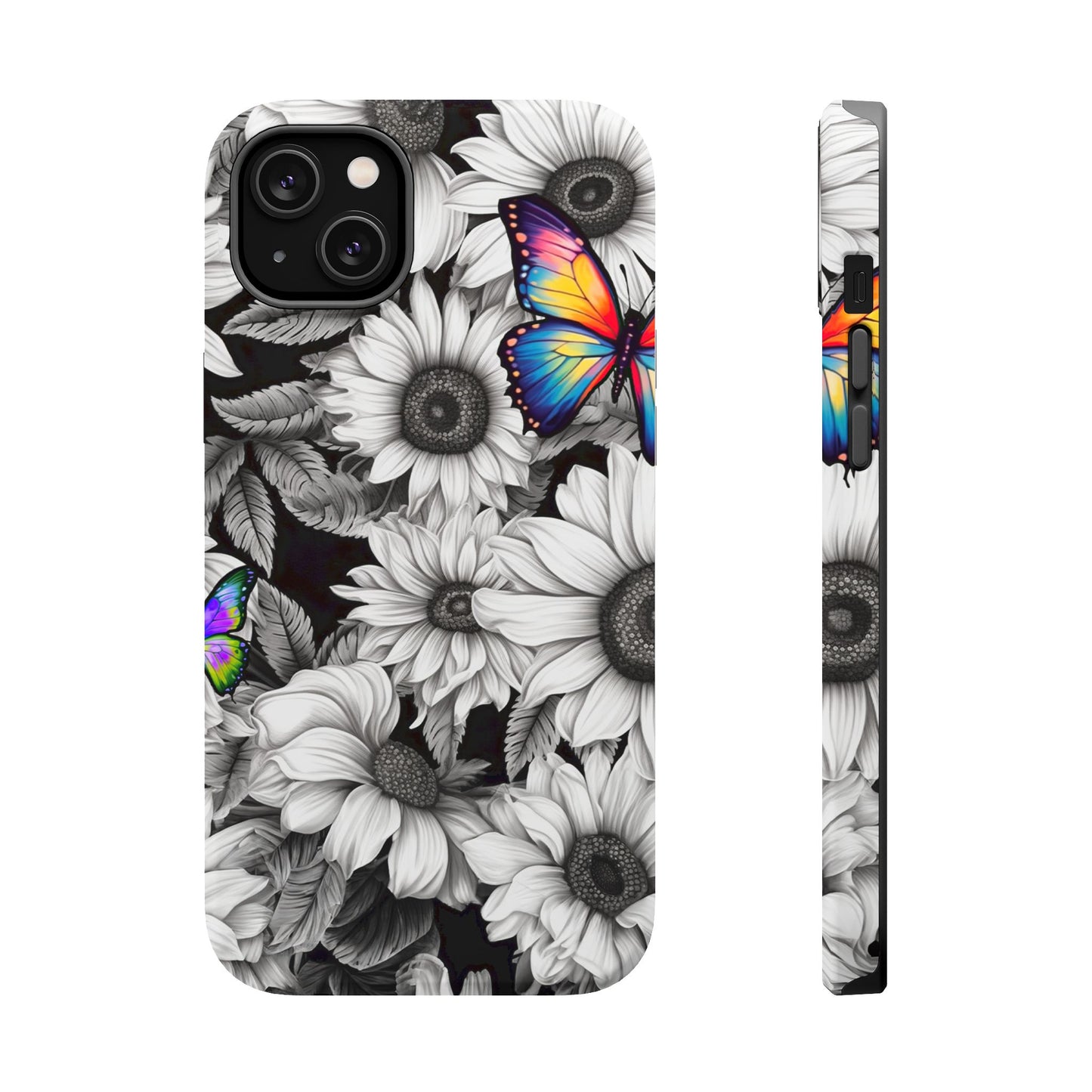 Rainbow Butterflies & Monochrome Sunflowers – MagSafe iPhone Case