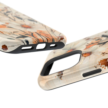 Pastel Orange Floral MagSafe iPhone Case - Elegant Plaid Protective Cover