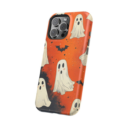 Spooky Ghosts & Bats  MagSafe iPhone Case – Vibrant Orange Halloween Design