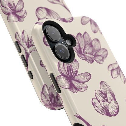 Vintage Botanical Floral Tough MagSafe iPhone Case – Hand-Drawn Purple Flowers, Shockproof Design