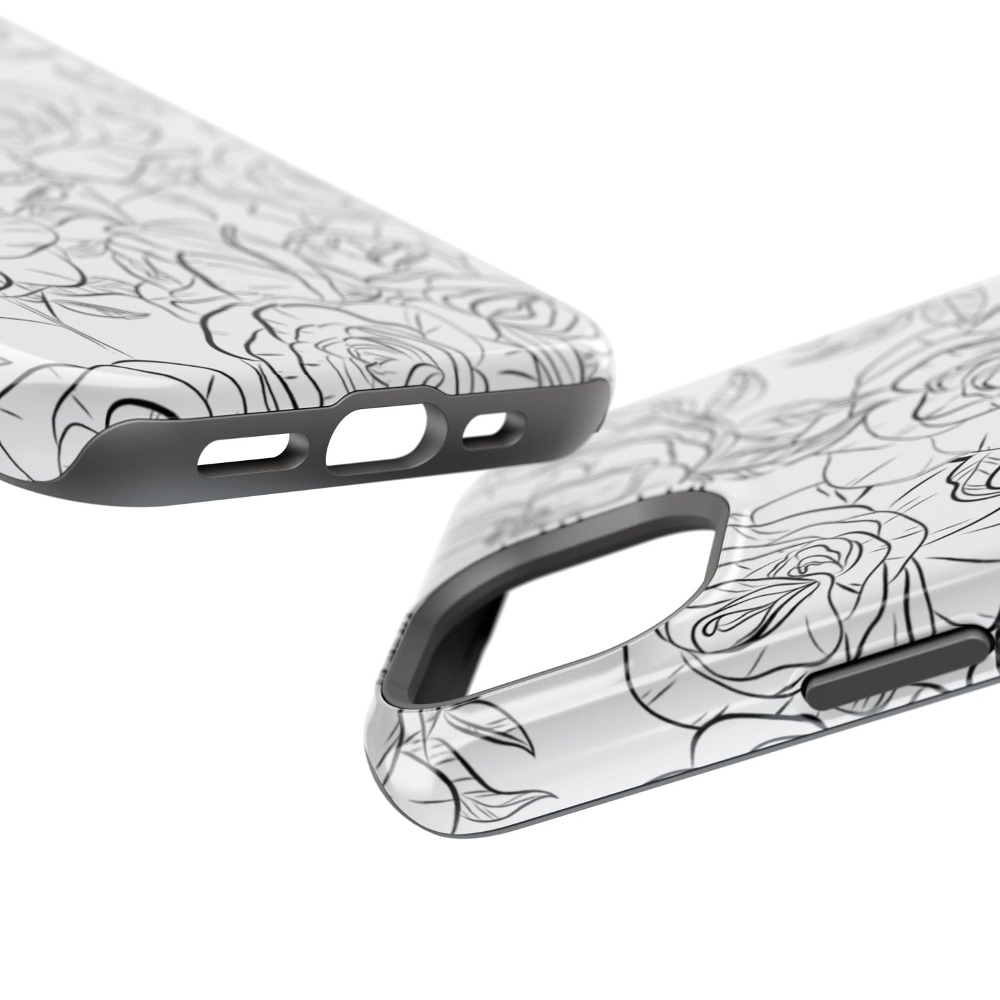 Monochrome Rose Garden Tough MagSafe iPhone Case – Elegant Floral Line Art with Dual-Layer Protection