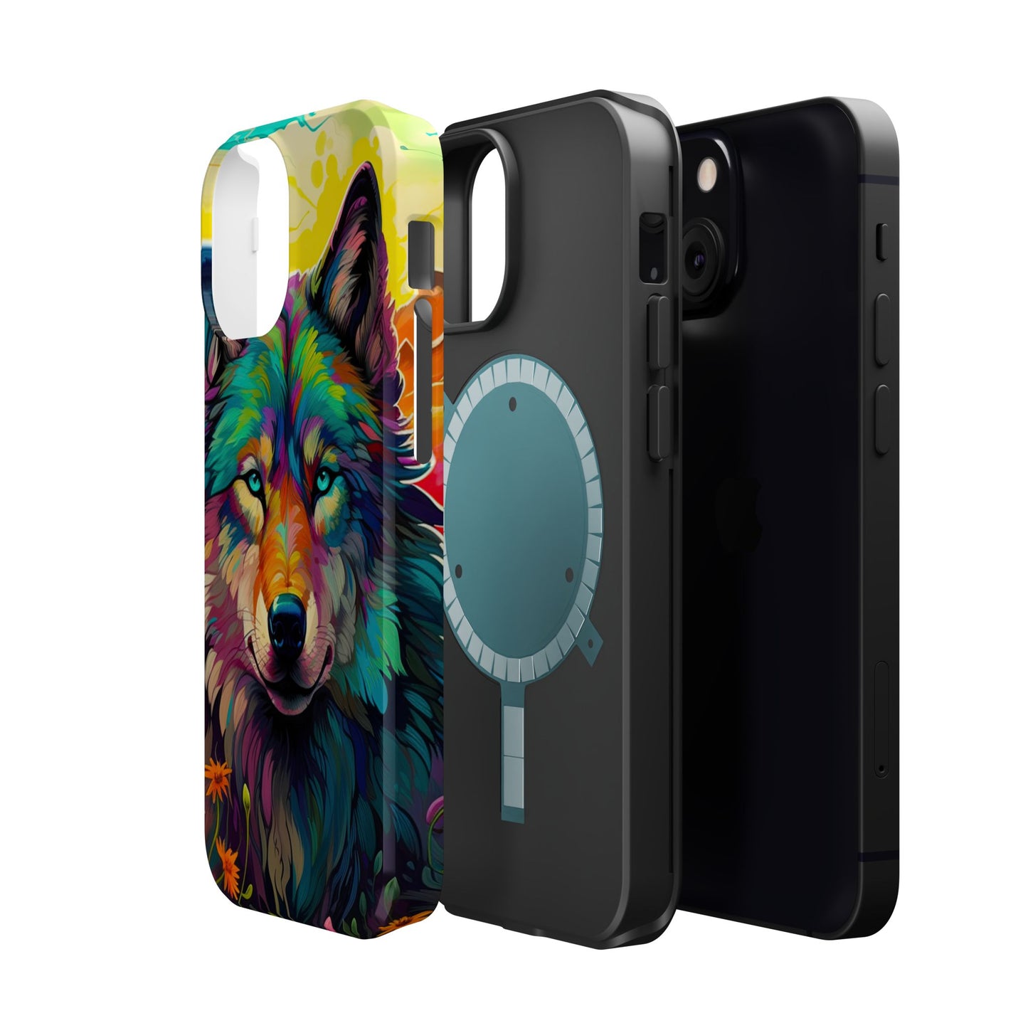 Rainbow Wolf in Bloom – MagSafe iPhone Case with Nature-Inspired Design