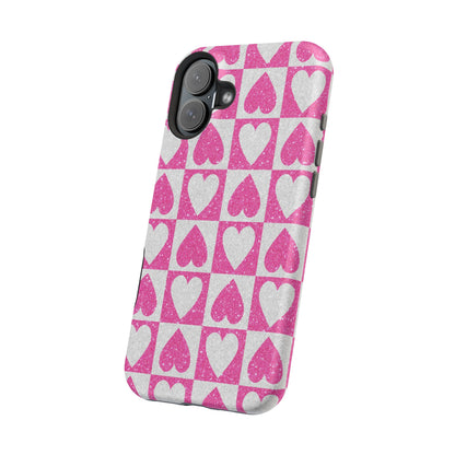 Pink Glitter Heart Checkered Pattern MagSafe Case