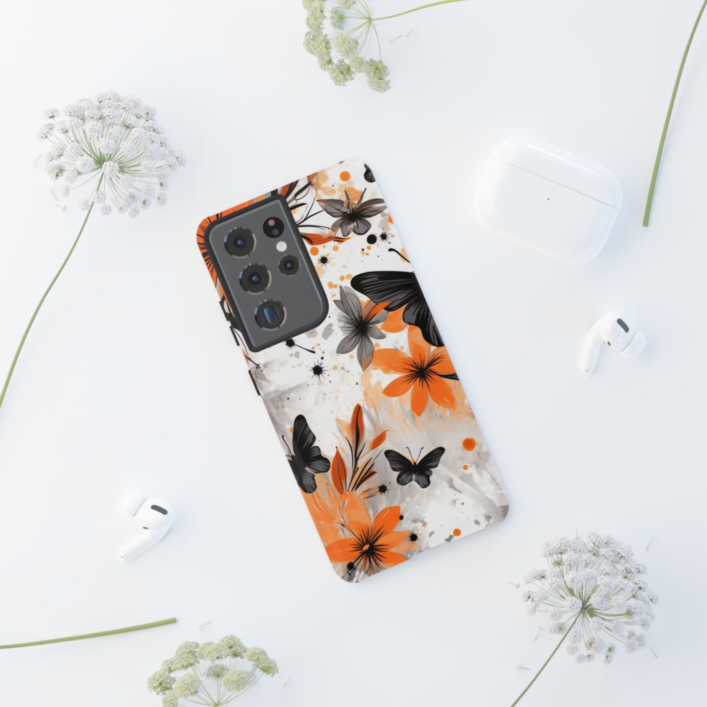 Orange Blossom & Black Butterfly Samsung Galaxy Case – Bold Floral Pattern with Modern Abstract Style
