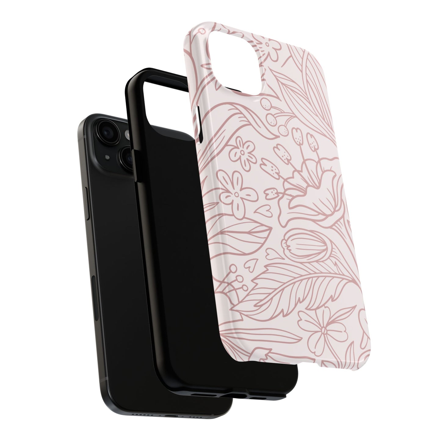 Blush Floral Line Art Tough iPhone Case – Delicate Minimalist Design with Dual-Layer Protection