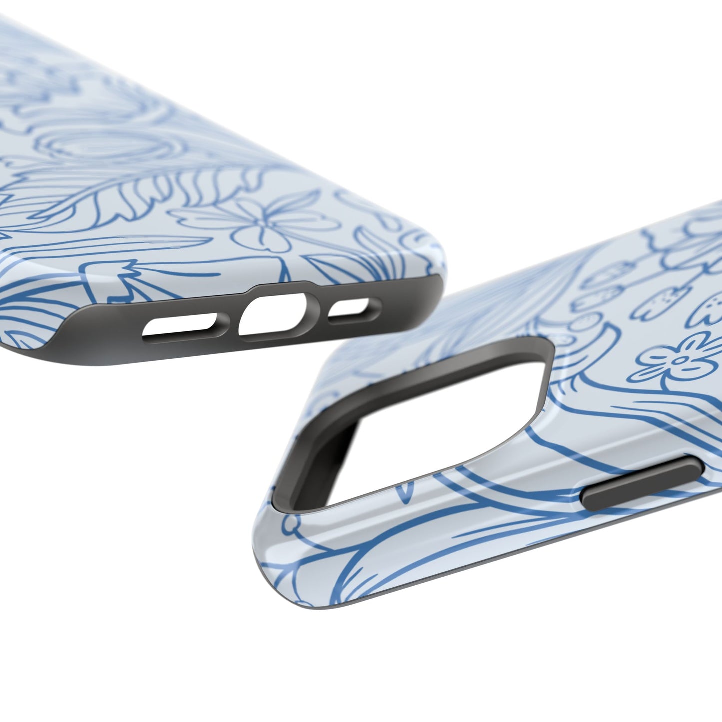 Dusty Blue Floral Line Art Tough MagSafe iPhone Case – Minimalist Botanical Design with Dual-Layer Protection