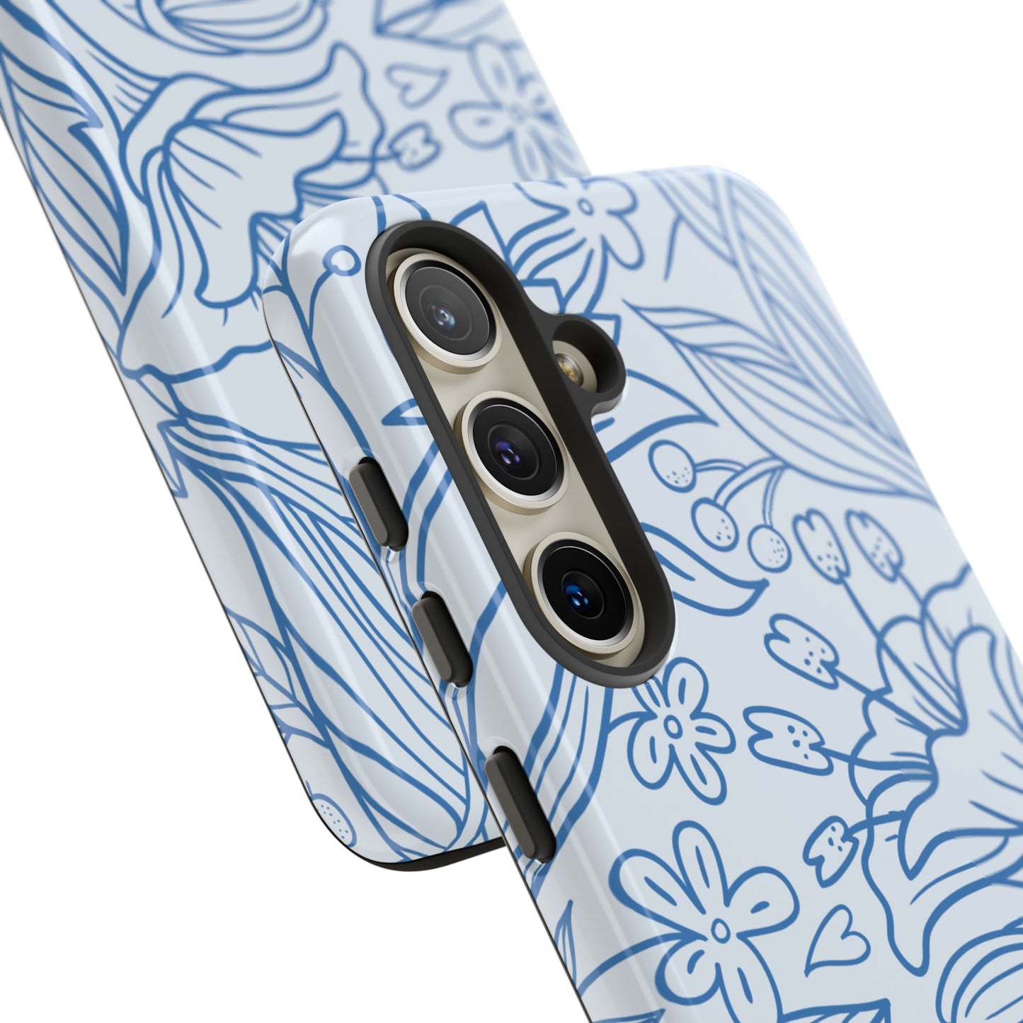 Dusty Blue Floral Line Art Tough Samsung Galaxy Case – Minimalist Botanical Design with Dual-Layer Protection