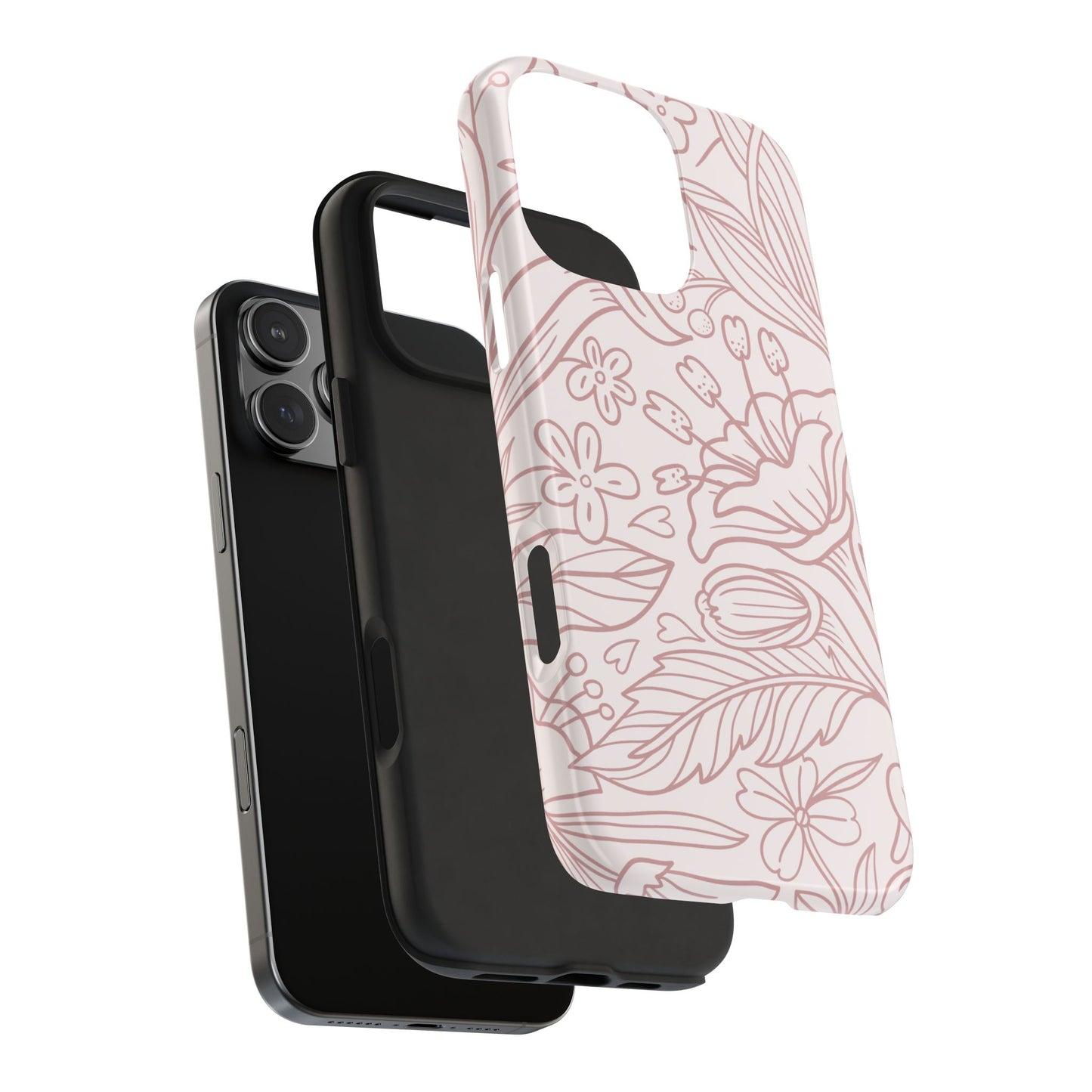 Blush Floral Line Art Tough iPhone Case – Delicate Minimalist Design with Dual-Layer Protection