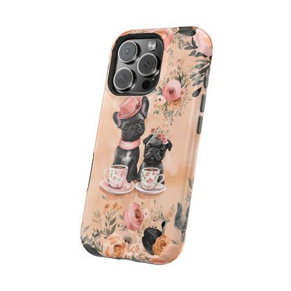 Floral French Bulldogs MagSafe iPhone Case – Elegant Dog Design with Tea Cups & Roses, Shockproof Protection