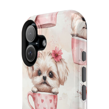 Floral Puppy in Teacup MagSafe iPhone Case – Cute Pink Flower Design, Tough Dual-Layer Protection