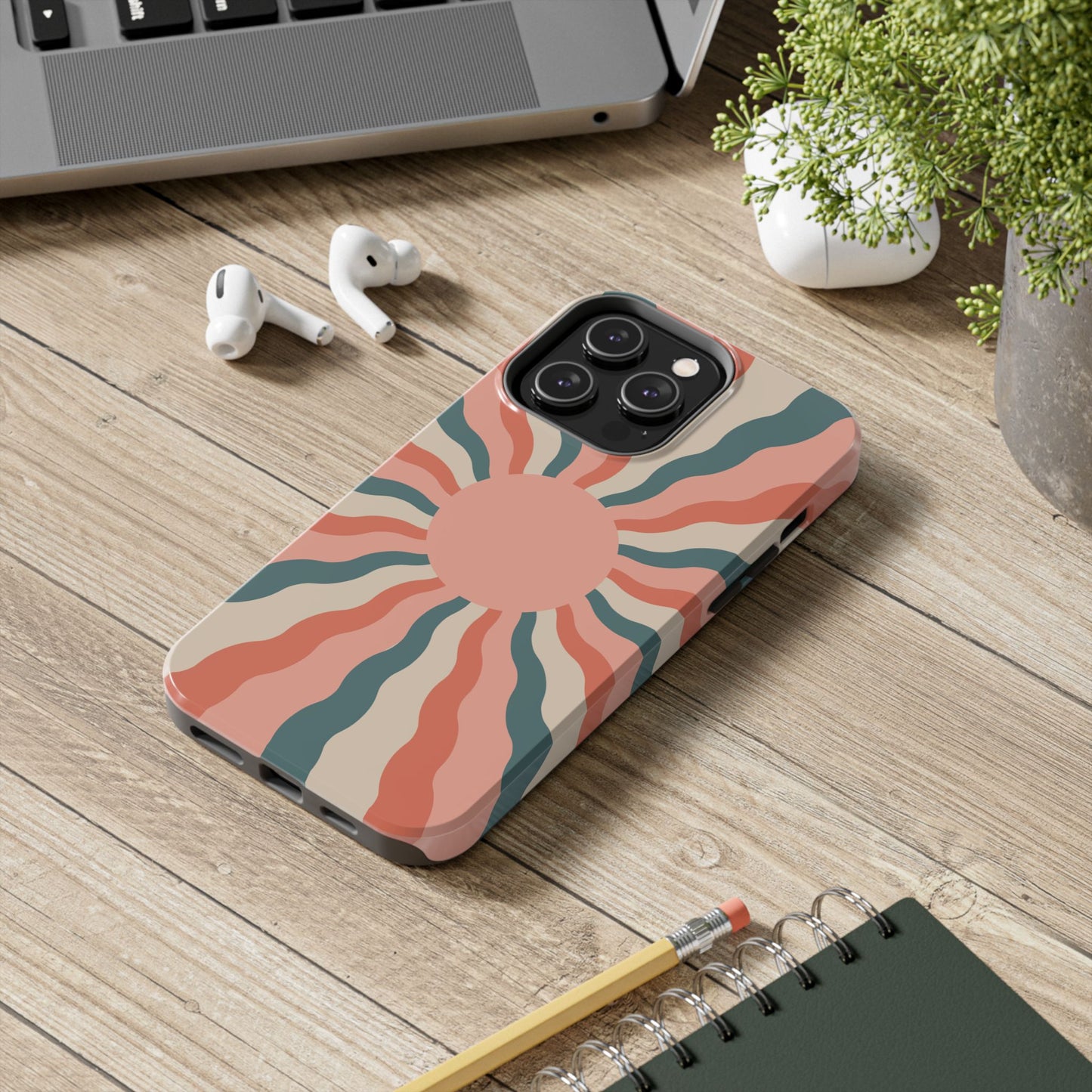 Retro Sunburst iPhone Case – Bold 70s-Inspired Waves in Coral, Teal, and Cream