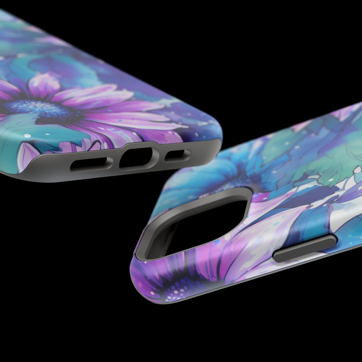 Purple & Teal Watercolor Floral MagSafe iPhone Case - Artistic Flower Design