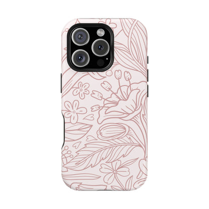 Blush Floral Line Art Tough MagSafe iPhone Case – Delicate Minimalist Design with Dual-Layer Protection