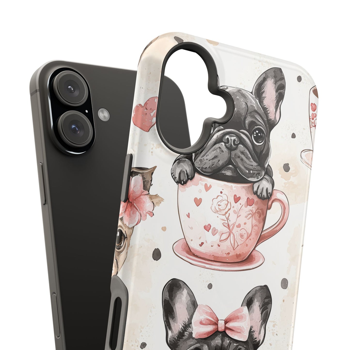 French Bulldogs in Teacups MagSafe iPhone Case – Cute Dog Design with Hearts & Bows, Shockproof & Slim