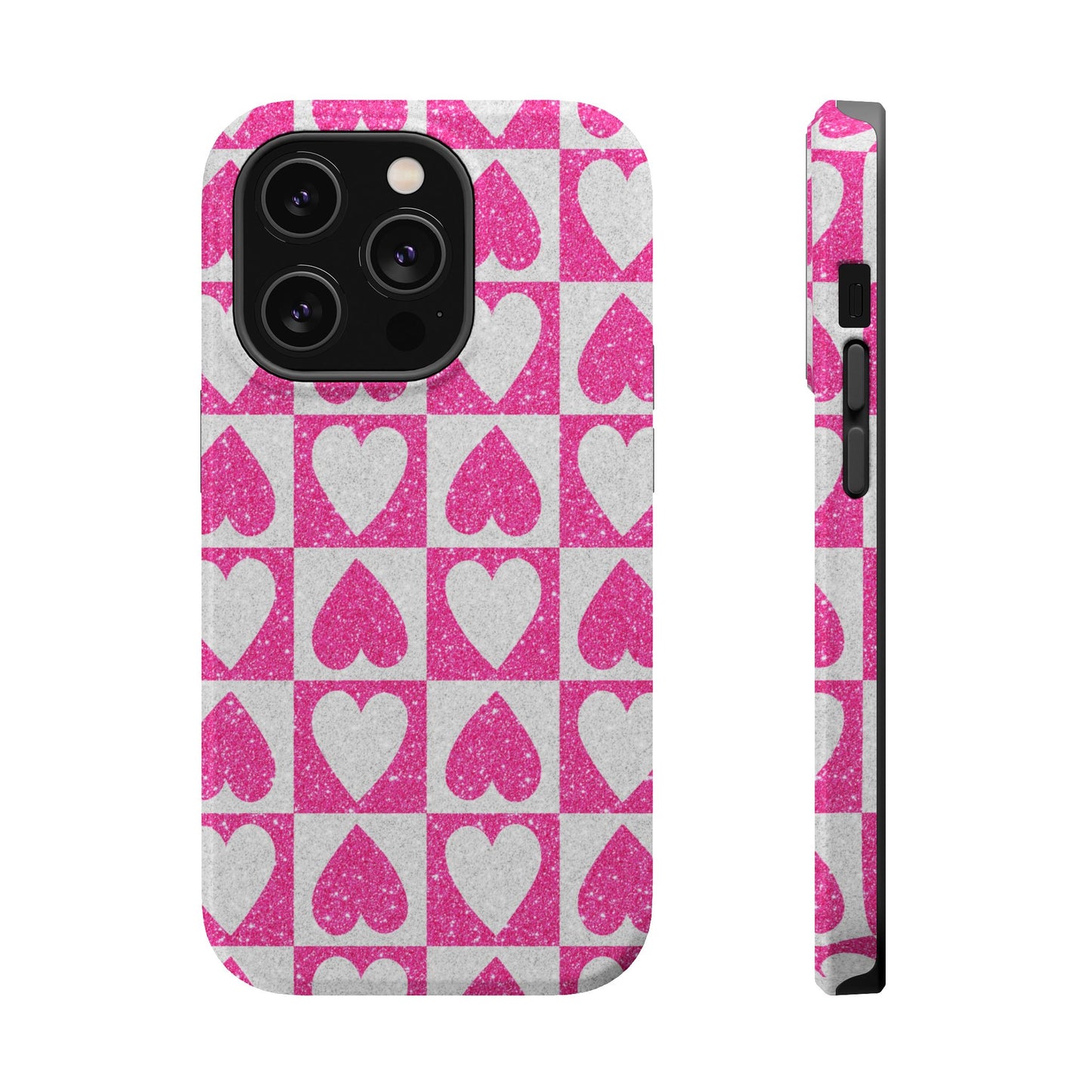 Pink Glitter Heart Checkered Pattern MagSafe Case