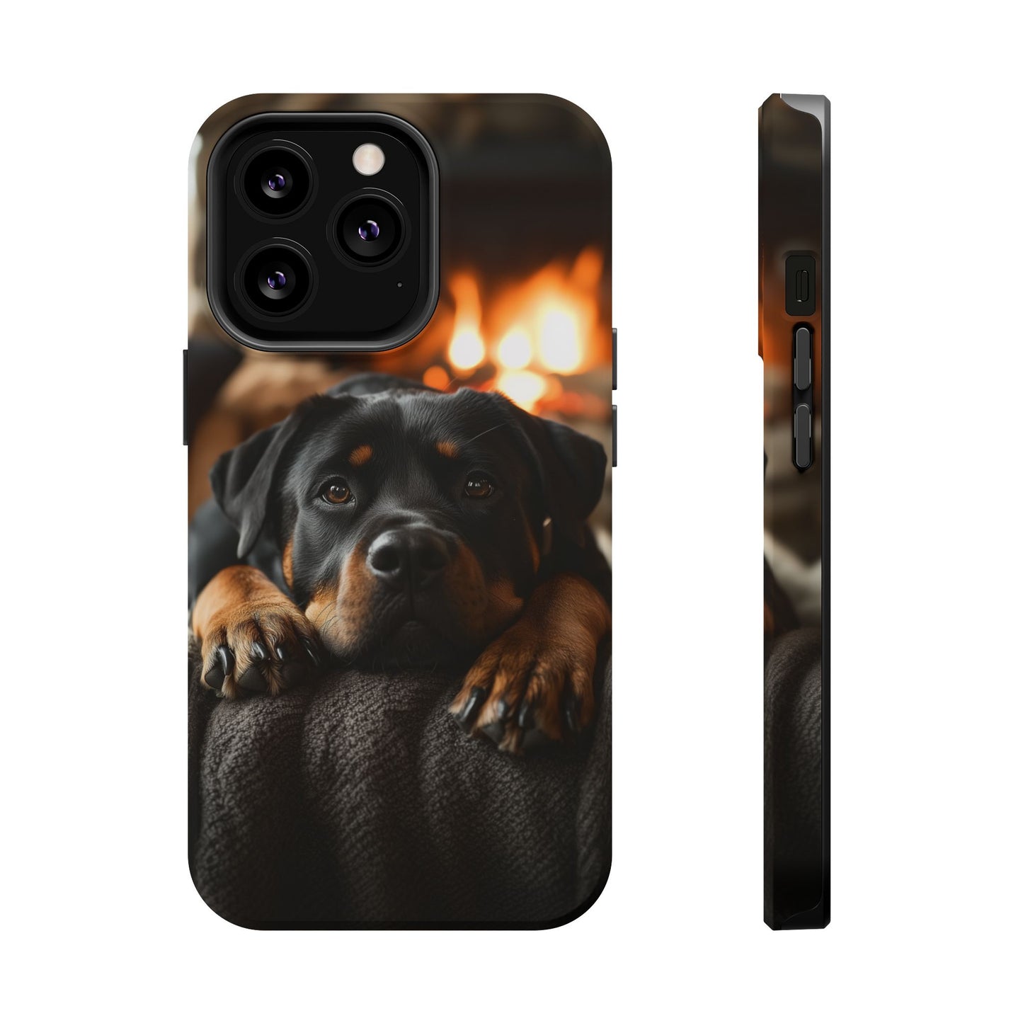 Cozy Rottweiler by the Fireplace MagSafe iPhone Case – Warm Rustic Design