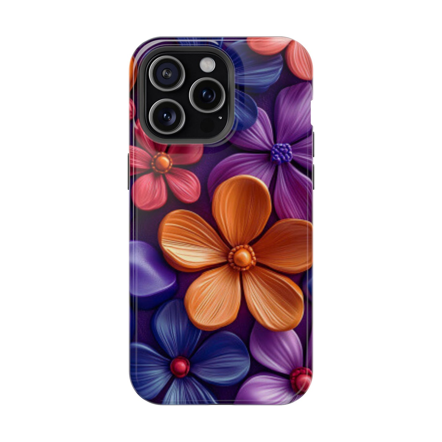 Bold Floral 3D MagSafe iPhone Case – Vivid Purple and Orange Flower Design, Shock-Resistant