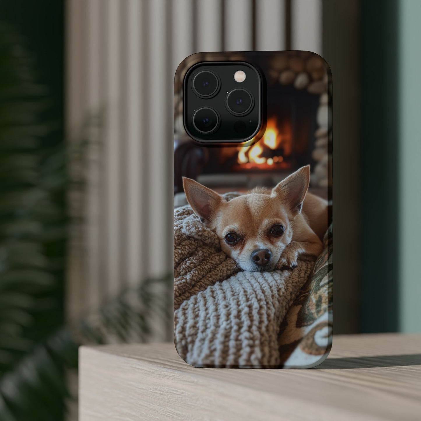 Relaxing Chihuahua by Fireplace MagSafe iPhone Case – Functional and Cozy Design