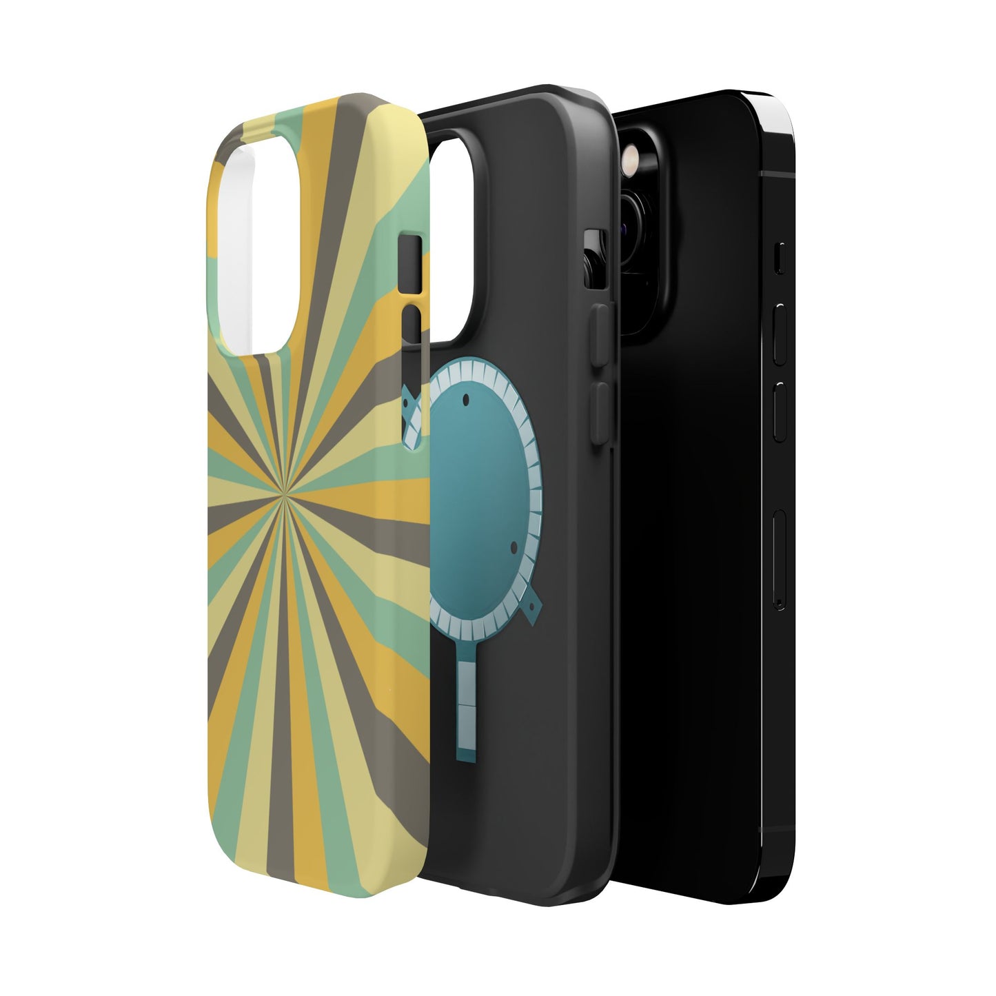 Vintage Sunburst Rays MagSafe iPhone Case – Bold 70s-Inspired Burst in Yellow, Mint, and Gray