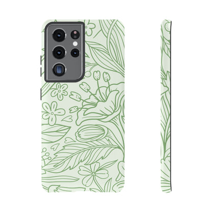 Sage Green Floral Line Art Tough Samsung Galaxy Case – Minimalist Botanical Design with Dual-Layer Protection