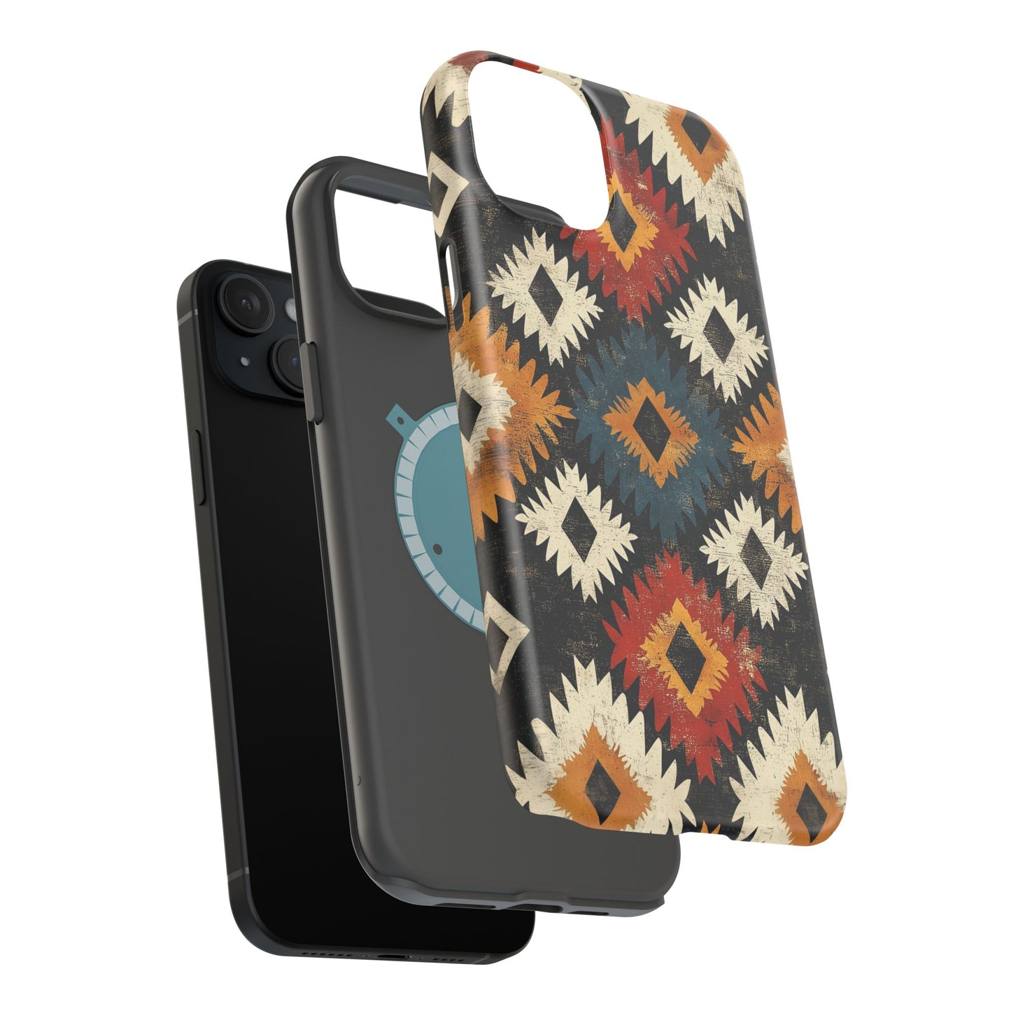 Rustic Tribal Sunburst Tough MagSafe iPhone Case – Vibrant Geometric Design, Dual-Layer Protection