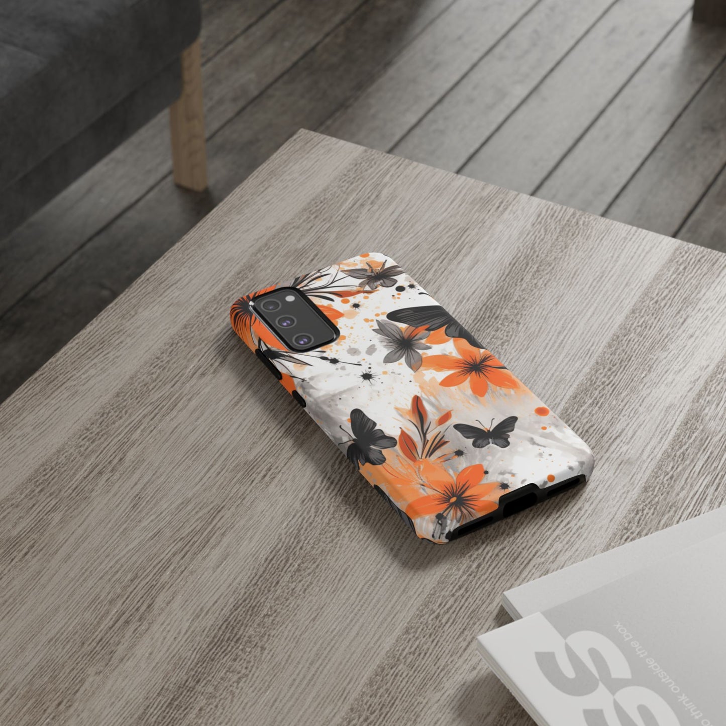 Orange Blossom & Black Butterfly Samsung Galaxy Case – Bold Floral Pattern with Modern Abstract Style