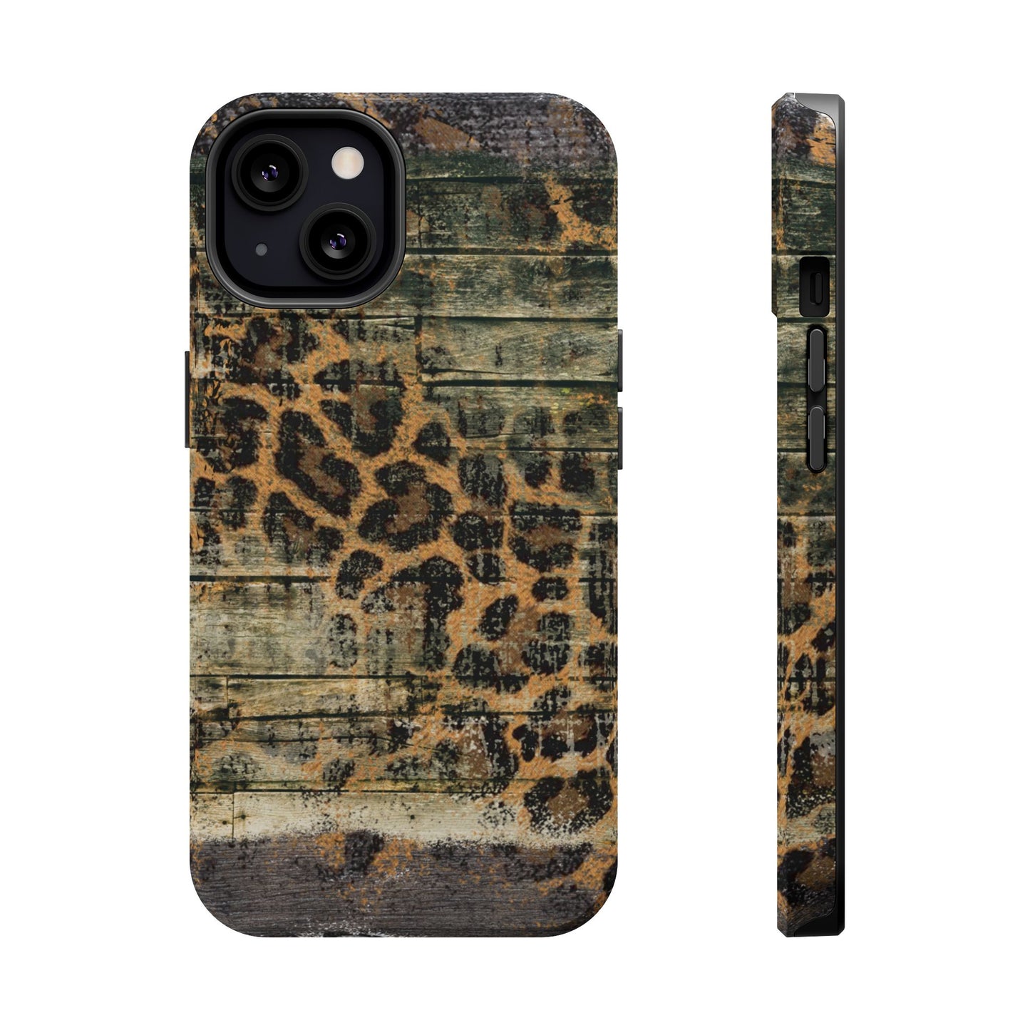 Rustic Wood and Leopard Print Tough MagSafe iPhone Case – Distressed Western Design with Dual-Layer Protection