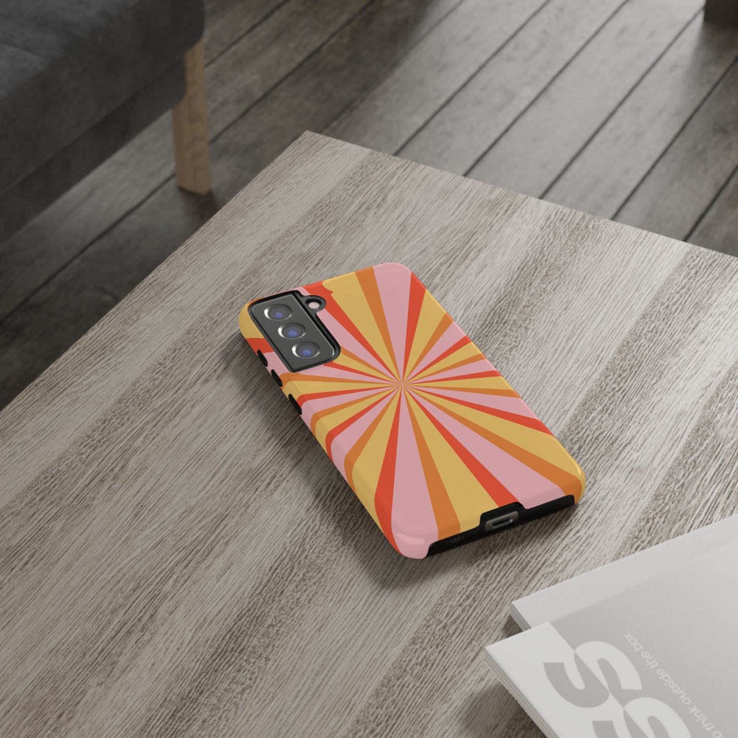 Bold Retro Sunburst Samsung Galaxy Case – Vibrant 70s-Inspired Rays in Orange, Pink, and Yellow