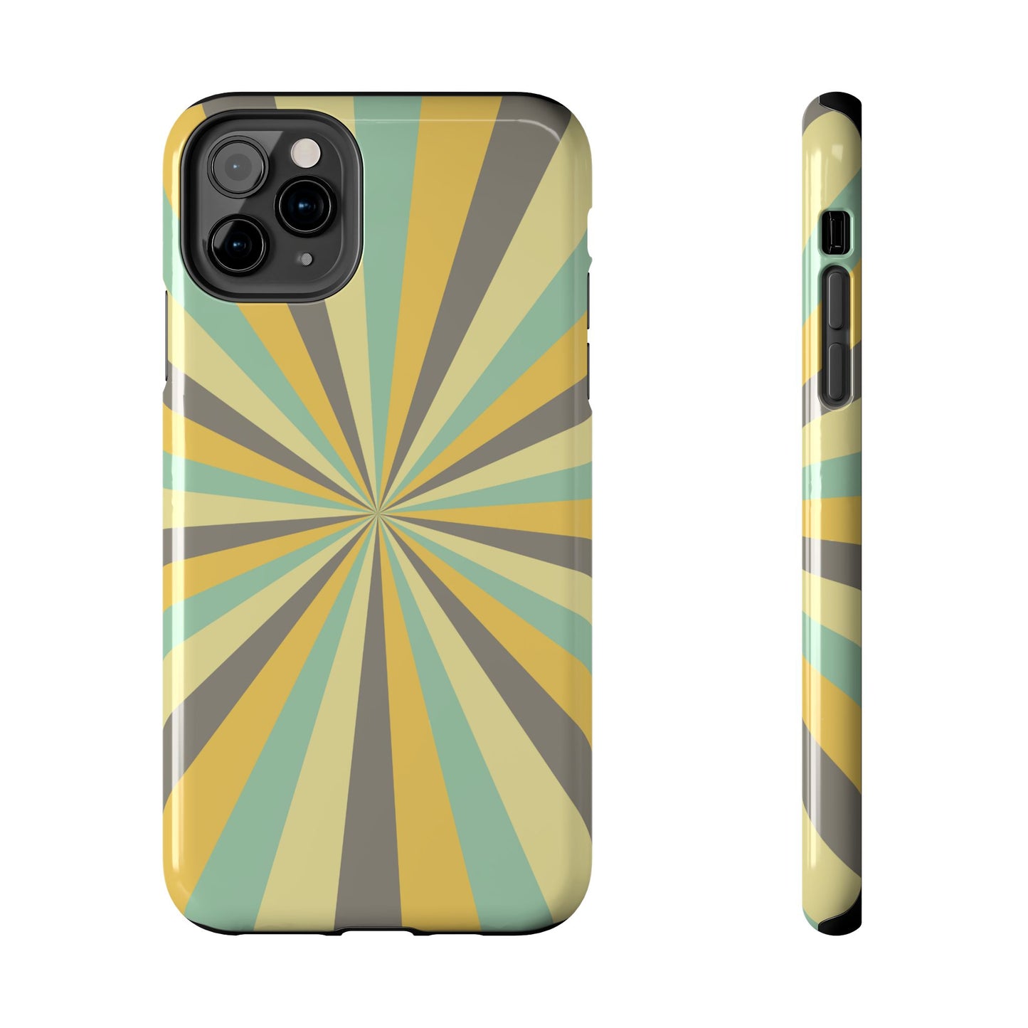 Vintage Sunburst Rays iPhone Case – Bold 70s-Inspired Burst in Yellow, Mint, and Gray