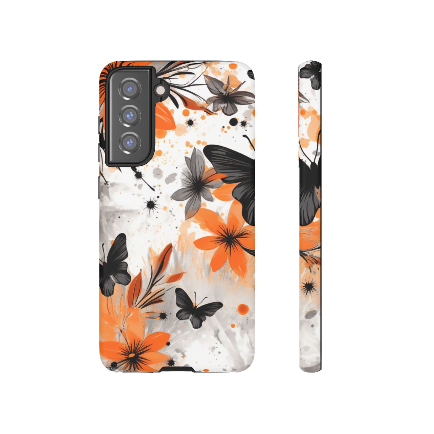 Orange Blossom & Black Butterfly Samsung Galaxy Case – Bold Floral Pattern with Modern Abstract Style