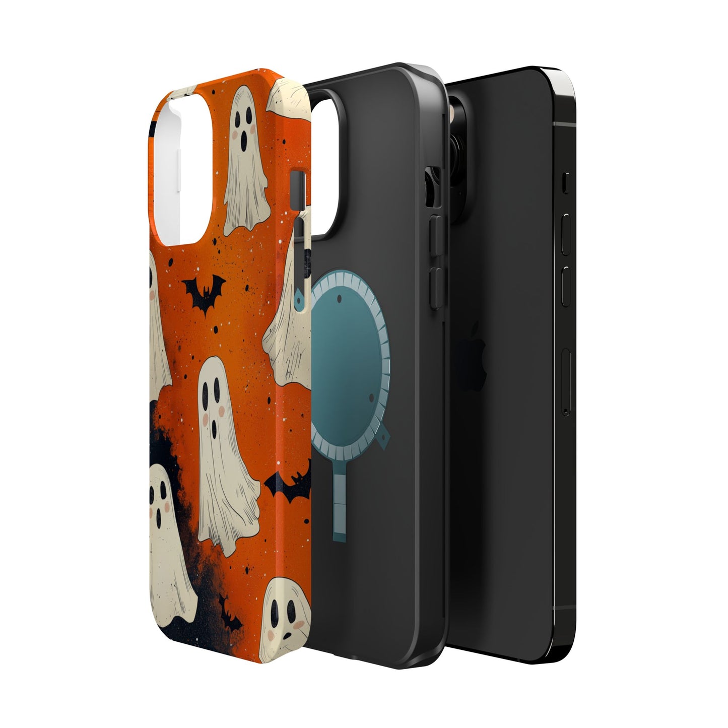 Spooky Ghosts & Bats  MagSafe iPhone Case – Vibrant Orange Halloween Design