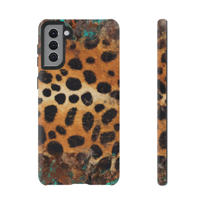 Rustic Leopard Print Tough Samsung Galaxy Case – Distressed Turquoise and Animal Pattern with Dual-Layer Protection