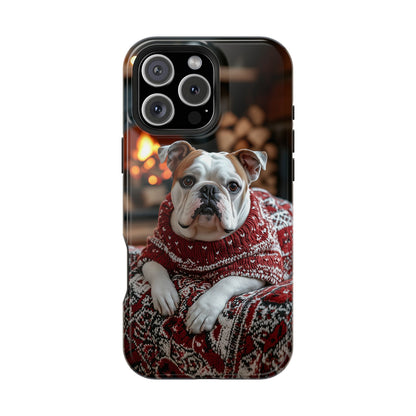 Cozy Bulldog in Sweater MagSafe iPhone Case – Festive Fireplace Protective Cover