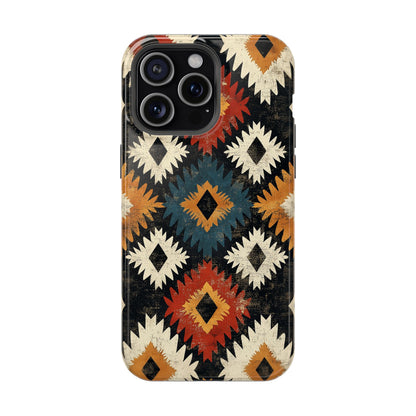 Rustic Tribal Sunburst Tough MagSafe iPhone Case – Vibrant Geometric Design, Dual-Layer Protection