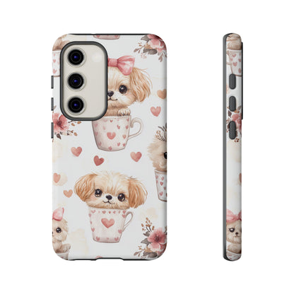 Cute Puppies in Heart Mugs Samsung Galaxy  Case – Adorable Dog & Floral Design, Shockproof & Slim