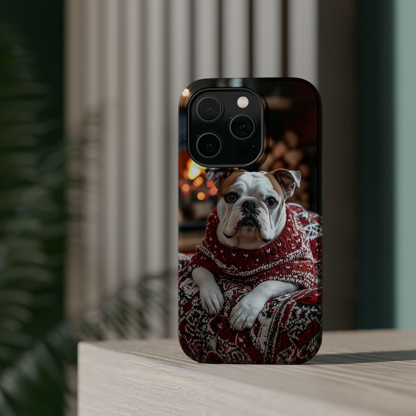 Cozy Bulldog in Sweater MagSafe iPhone Case – Festive Fireplace Protective Cover