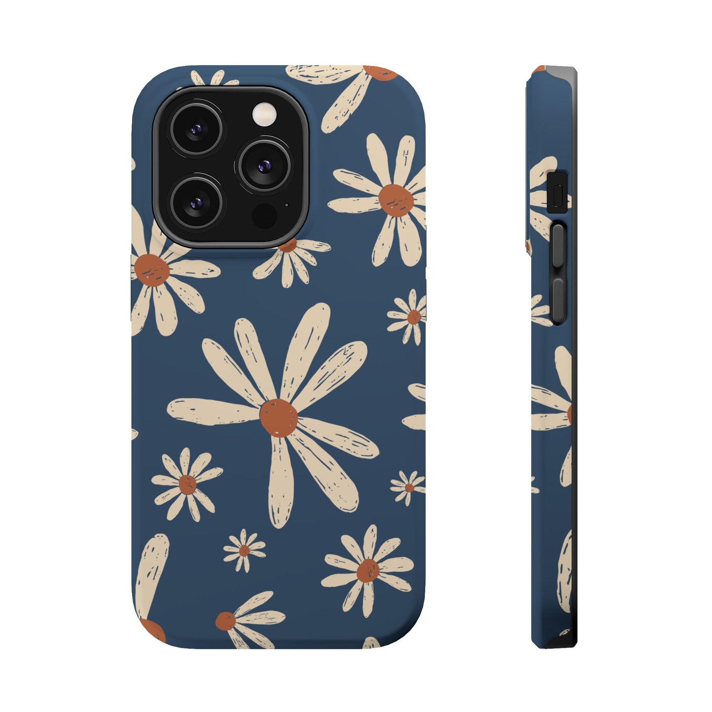 Vintage Daisies MagSafe iPhone Case – Navy Blue Floral Design, Scratch-Resistant with Shock-Absorbing Bumper