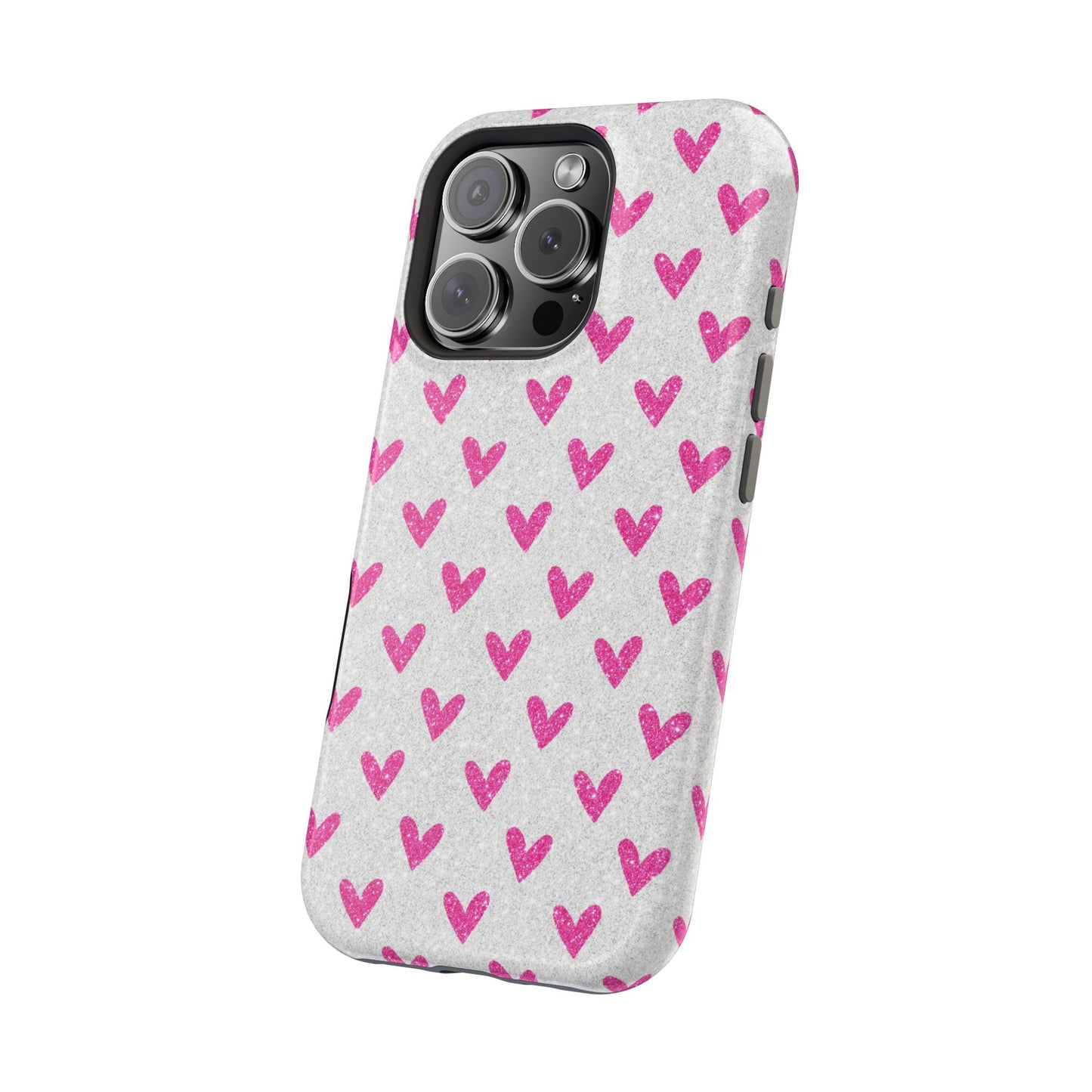 Pink Hearts on Glitter Silver – MagSafe iPhone Case