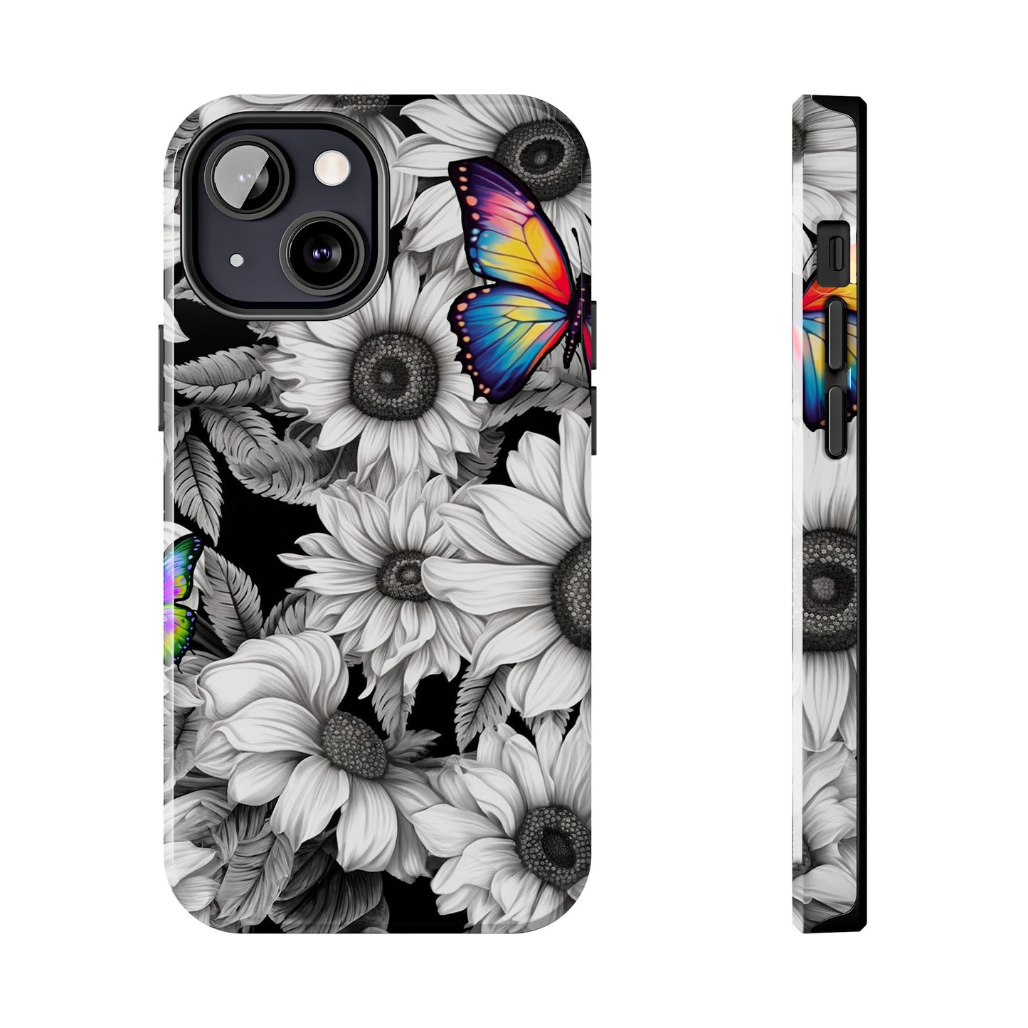 Rainbow Butterflies & Monochrome Sunflowers – iPhone Case