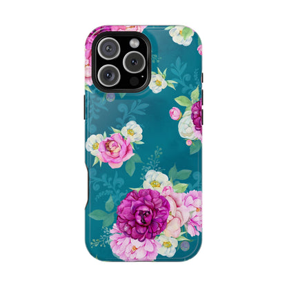 Elegant Peony Bouquet MagSafe iPhone Case – Deep Teal Background with Romantic Floral Design