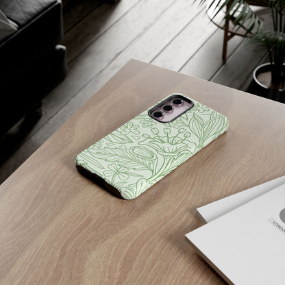 Sage Green Floral Line Art Tough Samsung Galaxy Case – Minimalist Botanical Design with Dual-Layer Protection