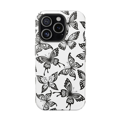 Monochrome Butterfly Pattern Tough MagSafe Case – Dual-Layer Protection with Matte Finish